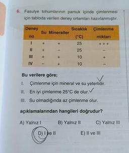 6. Fasulye tohumlarının pamuk içinde çimlenmesi
için tabloda verilen deney ortamları hazırlanmıştır.
Deney
no
1
||
IV
Su Mineraller
+
+
+
+
+
D) I ve II
Sıcaklık
(°C)
25
25
10
10
Çimlenme
miktarı
+++
Bu verilere göre;
1. Çimlenme için mineral ve su yeterlidir.
II. En iyi çimlenme 25°C de olur.
III. Su olmadığında az çimlenme olur.
açıklamalarından hangileri doğrudur?
A) Yalnız I
B) Yalnız II
+ 1
C) Yalnız III
E) II ve III