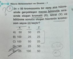 Hücre Bölünmeleri ve Üreme - I
7.) 2n = 50 kromozomlu bir eşey ana hücre-
sinde gerçekleşen mayoz bölünme sıra-
sında oluşan kromatit (X), tetrat (Y) ve
bölünme sonucu oluşan hücrenin kromo-
zom sayısı (z) kaçtır?
Y
Z
50
25
25
25
50 25
25
50
100
50
X
A) 50
B) 100
C) 100
D) 50
E 25
X
ig