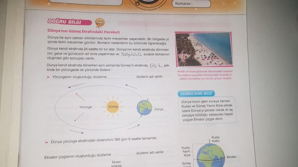 DOĞRU BİLGİ
Dünya'nın Güneş Etrafındaki Hareketi
Dünya'da aynı zaman dilimlerinde farklı mevsimler yaşanabilir. Bir bölgede yıl
içinde farklı mevsimler görülür. Bunların nedenlerini bu bölümde öğreneceğiz.
Dünya kendi etrafında 24 saatte bir tur atar. Düny