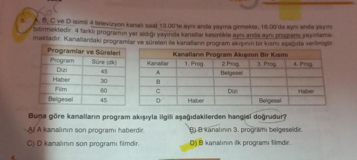 A, B, C ve D isimli 4 televizyon kanalı saat 13.00'te aynı anda yayına girmekte, 16.00'da aynı anda yayını
bitirmektedir. 4 farklı programın yer aldığı yayında kanallar kesinlikle aynı anda aynı programı yayınlama-
maktadır. Kanallardaki programlar ve süre