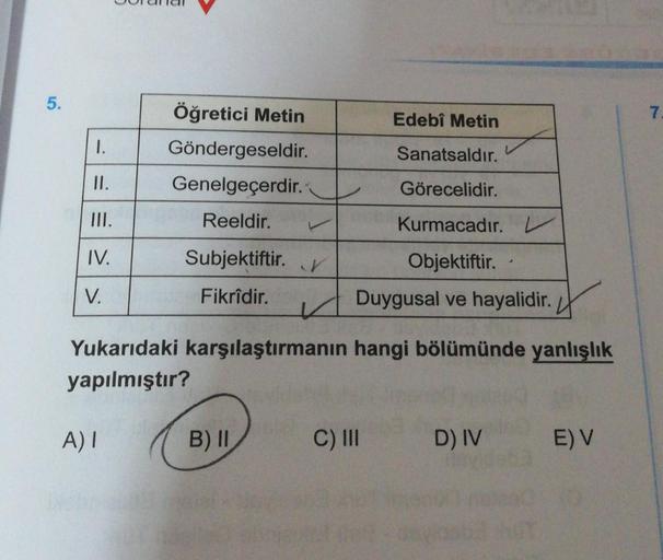 5.
1.
II.
III.
IV.
V.
Öğretici Metin
Göndergeseldir.
Genelgeçerdir.
Reeldir.
Subjektiftir.
Fikridir.
A) I
B) II
Edebî Metin
Yukarıdaki karşılaştırmanın hangi bölümünde yanlışlık
yapılmıştır?
Sanatsaldır.
Görecelidir.
Kurmacadır. V
Objektiftir.
Duygusal ve 