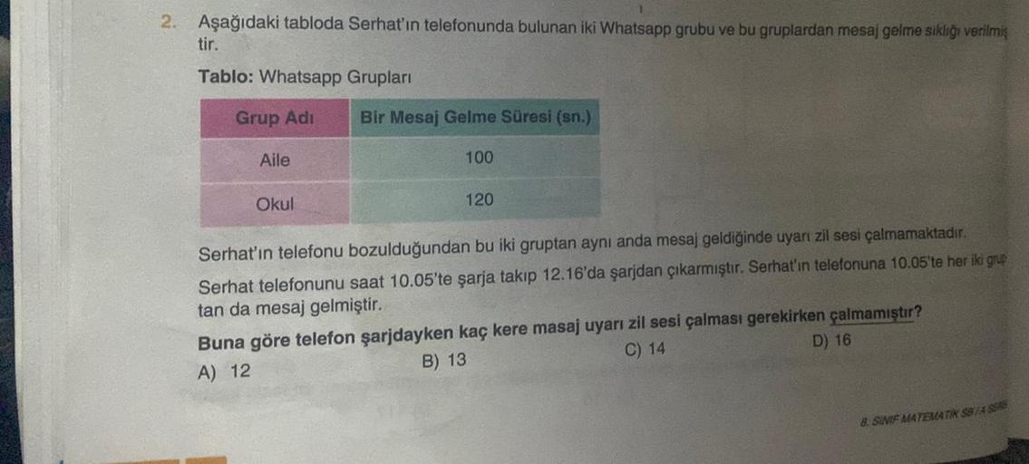 2. Aşağıdaki tabloda Serhat'ın telefonunda bulunan iki Whatsapp grubu ve bu gruplardan mesaj gelme sıklığı verilmiş
tir.
Tablo: Whatsapp Grupları
Grup Adi
Aile
Okul
Bir Mesaj Gelme Süresi (sn.)
100
120
Serhat'ın telefonu bozulduğundan bu iki gruptan aynı a