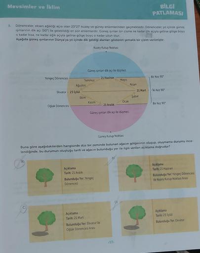 Mevsimler ve İklim
5. Dönenceler, eksen eğikliği açısı olan 23°27' kuzey ve güney enlemlerinden geçmektedir. Dönenceler, yıl içinde güneş
ışınlarının dik açı (90°) ile gelebildiği en son enlemlerdir. Güneş ışınları bir cisme ne kadar dik açıyla gelirse göl