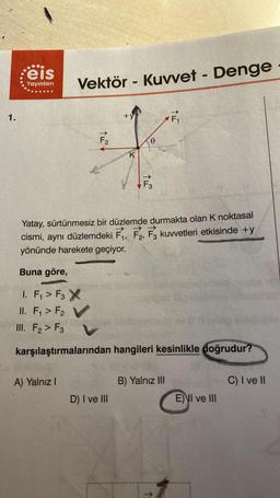 1.
eis
Yayınları
Vektör - Kuvvet - Denge
A) Yalnız I
F₂
+
D) I ve III
K
0
F3
Yatay, sürtünmesiz bir düzlemde durmakta olan K noktasal
→→>>
cismi, aynı düzlemdeki F₁, F2, F3 kuvvetleri etkisinde +y
yönünde harekete geçiyor.
Buna göre,
1. F₁ > F3 X
II. F₁ > F₂
III. F₂ F3
karşılaştırmalarından hangileri kesinlikle doğrudur?
F₁
B) Yalnız III
E) I ve III
C) I ve II