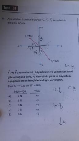 Test 01
6. Aynı düzlem üzerinde bulunan F1, F2, F3 kuvvetlerinin
bileşkesi sıfırdır.
F₁=15N
A)
B)
C)
D)
E)
37°
Büyüklüğü
7N
6 N
6 N
7N
8 N
12
A+y
16 JA
20.6
F₁ ve F2 kuvvetlerinin büyüklükleri ve yönleri şekildeki
gibi olduğuna göre, F3 kuvvetinin yönü ve büyüklüğü
aşağıdakilerden hangisinde doğru verilmiştir?
(cos 37° = 0,8; sin 37° = 0,6)
Yönü
+y
-y
· FT *
+y
-y
-y
+X
F₂=20N
+X
15.8₂
F
30.8
Ju
12
156