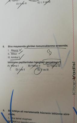 8.
9.
Yalnız
D) II ve III
E) I, II vel
Bira mayasında görülen tomurcuklanma sırasında;
I. Mayoz
II. Mitoz
III. Amitoz
bölünme çeşitlerinden hangileri gerçekleşir?
A) Yalnız I
B) Yalnız II
C) Yalnız III
D) Iye ll
1. Ara lamel oluşması
NDNA'nın kendini eclo
E) I ve III
Bir bitkiye ait meristematik hücrenin bölünme süre-
cinde;
Kitap adisi