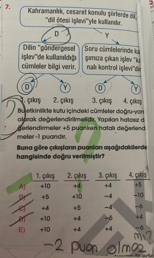 7.
2
Kahramanlık, cesaret konulu şiirlerde dil,
"dil ötesi işlevi"yle kullanılır.
D
Y
Dilin "göndergesel
işlev"de kullanıldığı
cümleler bilgi verir.
D
(Y
D
(Y
1. çıkış 2. çıkış
3. çıkış
4. çıkış
Bu etkinlikte kutu içindeki cümleler doğru-yan
olarak değerle