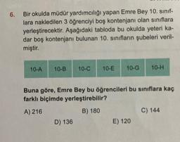 6.
Bir okulda müdür yardımcılığı yapan Emre Bey 10. sınıf-
lara nakledilen 3 öğrenciyi boş kontenjanı olan sınıflara
yerleştirecektir. Aşağıdaki tabloda bu okulda yeteri ka-
dar boş kontenjanı bulunan 10. sınıfların şubeleri veril-
miştir.
10-A
10-B 10-C 10-E 10-G 10-H
Buna göre, Emre Bey bu öğrencileri bu sınıflara kaç
farklı biçimde yerleştirebilir?
A) 216
B) 180
D) 136
E) 120
C) 144