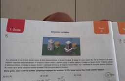 1. Ünite
A) 22,70
Çarpanlar ve Katlar
B) 21,80
Ani sitesinde A ve B blok olmak üzere iki blok bulunmaktadır. A blokta 30 daire, B blokta 20 daire vardır. Bu site su ihtiyacını iki farklı
motorla kuyudan karşılamaktadır. A bloğa su basan motor 1 dakika çalışıp 5 dakika bekliyor. B bloğa su basan motor 1 dakika çalışıp
9 dakika bekliyor. A bloğa su basan motor 1 dakikada 30 kuruş, B bloğa su basan motor ise 1 dakikada 20 kuruşluk elektrik tüketiyor.
Iki motor aynı anda çalışırsa ikiside fazladan 5'er kuruşluk elektrik tüketiyor.
Buna göre, saat 12.00'de birlikte çalışmaya başlayan bu motorlar 16.15'e kadar toplam kaç liralık elektrik tüketir?
C) 19,90
B
16.15
Test
8
D) 18,50
Te