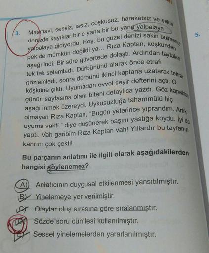 Masmavi, sessiz, ıssız, coşkusuz, hareketsiz ve sakin
denizde kayıklar bir o yana bir bu yana yalpalaya
yalpalaya gidiyordu. Hoş, bu güzel denizi sakin bulmanız
pek de mümkün değildi ya... Rıza Kaptan, köşkünden
aşağı indi. Bir süre güvertede dolaştı. Ardı