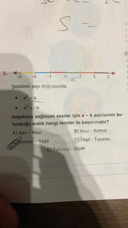 6.
-3
-2
-1
a² <a
b² <-b
S
Şekildeki sayı doğrusunda;
0
Kırmızı - Yeşil
2
koşulunu sağlayan sayılar için a - b sayılarının bu-
lunduğu aralık hangi renkler ile boyanmıştır?
A) Sarı - Mavi
B) Mavi - Kırmızı
Yeşil - Turuncu
E) Turuncu - Siyah
3
G
U