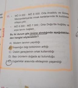 ngi-
nda
1
karekök
12
11. MO 9 000 - MÖ 8 000: Orta Anadolu ve Güney
Mezopotamya'da ırmak kenarlarında ilk kulübeler
ortaya çıktı.
MÖ 8 000 - MÖ 7 000 : Orta Doğu'da buğday ve
arpa tarımı başladı.
Y
.
Bu iki durum göz önüne alındığında aşağıdakiler-
den hangisi söylenebilir?
A) Modern tarımın yapıldığı
B) İnsanlığın bilgi birikiminin arttığı
C) Üretim gereçlerinin ortak kullanıldığı
D) Bazı ürünlerin doğada az bulunduğu
Uygarlıklar arasında etkileşimin yaşandığı
6