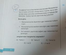 14
9.
İlk çağlarda Fırat ve Dicle Nehirleri arasında kalan Mezopotamya,
taş ve maden yönünden oldukça fakirdi. İnsanlar, taş az oldu-
ğundan dolayı çamurdan yararlanarak kerpiç ve tuğladan fay-
dalandılar. Sadece tapınak yapımında taş kullandılar.
Buna göre,
1. Mezopotamya'da dayanıksız yapı malzemesi kullanıl-
mıştır.
II. Mezopotamya'da eserlerin kalıcılığını yapı malzemesi
etkilemiştir.
III. Dinî eserlerin yapımında sağlam yapı malzemesi kul-
lanılmıştır.
yargılarından hangilerine ulaşılabilir?
A) Yalnız I
B) Yalnız II
D) I ve III
C) Yalnız III
E) I, II ve III
12.
1