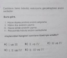 Canlıların tümü hidroliz reaksiyonu gerçekleştiren enzim
sentezler.
Buna göre.
1. Hücre dışına sindirim enzimi salgılama
II. Hücre dışı sindirim yapma
III. Hücre içinde sindirim yapma
IV. Ribozomda hidroliz enzimi sentezleme
olaylarından hangileri canlıların tümü için ortaktır?
A) I ve III
B) II ve IV
D) 1. Il ve IV E) II. III ve IV
c) III ve IV