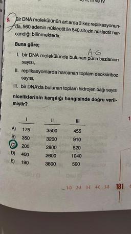 8. Bir DNA molekülünün art arda 3 kez replikasyonun-
da, 560 adenin nükleotit ile 840 sitozin nükleotit har-
candığı bilinmektedir.
Buna göre;
A-G
1. bir DNA molekülünde bulunan pürin bazlarının
sayısı,
II. replikasyonlarda harcanan toplam deoksiriboz
sayısı,
III. bir DNA'da bulunan toplam hidrojen bağı sayısı
niceliklerinin karşılığı hangisinde doğru veril-
miştir?
A)
175
B)
350
(C)
200
D)
400
E) 190
||
3500
3200
Le
2800
2600
3800
|||
455
910
520
1040
500
1-0 2-A 3-E 4-C 5-B 181
1