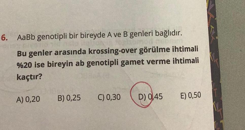 6. AaBb genotipli bir bireyde A ve B genleri bağlıdır.
Bu genler arasında krossing-over görülme ihtimali
%20 ise bireyin ab genotipli gamet verme ihtimali
kaçtır?
A) 0,20
180A
B) 0,25 C) 0,30
D) 0,45
E) 0,50