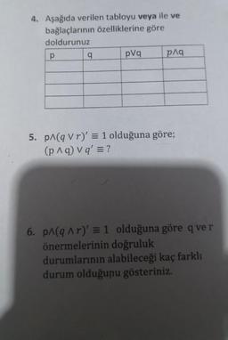 4. Aşağıda verilen tabloyu veya ile ve
bağlaçlarının özelliklerine göre
doldurunuz
p
q
pVq
р^q
5. p^(q Vr)' = 1 olduğuna göre;
(p^q) vq' = ?
6. p^(q^r)' = 1 olduğuna göre q ver
önermelerinin doğruluk
durumlarının alabileceği kaç farklı
durum olduğunu gösteriniz.