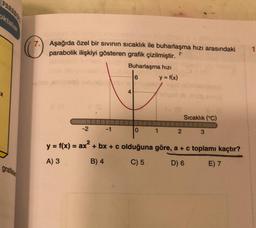 grafikle
7.
Aşağıda özel bir sıvının sıcaklık ile buharlaşma hızı arasındaki
parabolik ilişkiyi gösteren grafik çizilmiştir.
T
-2 -1
Buharlaşma hızı
6
4
0
1
y = f(x)
2
Sıcaklık (°C)
3
y = f(x) = ax² + bx + c olduğuna göre, a + c toplamı kaçtır?
A) 3
B) 4
C) 5
D) 6
E) 7
1