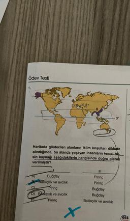 Ödev Testi
1.
3.8°
Buğday
Balıkçılık ve avcılık
Pirinç
D) Balıkçılık ve avcılık
Pirinç
Haritada gösterilen alanların iklim koşulları dikkate
alındığında, bu alanda yaşayan insanların temel be-
sin kaynağı aşağıdakilerin hangisinde doğru olarak
verilmiştir?
x
0°
||
Pirinç
Pirinç
Buğday
Buğday
Balıkçılık ve avcılık
feis
Yayınlan