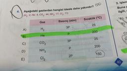 4.
VN
Aşağıdaki gazlardan hangisi ideale daha yakındır? mo
(H₂: 2, He: 4, CO₂: 44, NH3: 17, Cl₂: 71)
A)
B)
C)
D)
E)
Gaz
H₂
He
CO₂
NH3
Cl₂
Basınç (atm)
3P
P
3P
P
2P
Sıcaklık (°C)
25
200
25
200
150
2. işlem
Buna g
ilgili,
40
1
C)
D