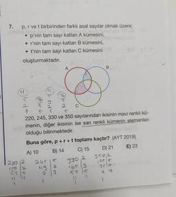 7. p, r ve t birbirinden farklı asal sayılar olmak üzere;
• p'nin tam sayı katları A kümesini,
• r'nin tam sayı katları B kümesini,
• t'nin tam sayı katları C kümesini
oluşturmaktadır.
8055=-
^(
√²
↑
22012
Mak
245
49
7
Ard
A
C
T
220, 245,
330 ve 350 sayılarından ikisinin mavi renkli kü-
menin, diğer ikisinin ise sarı renkli kümenin elemanları
olduğu bilinmektedir.
Buna göre, p + r + t toplamı kaçtır? (AYT 2019)
A) 10
B) 14
C) 15
D) 21
E) 23
330 2 3502
1653
B
3515
7 7