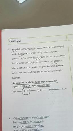 Dil Bilgisi
4. Karşıdaki komşum yabancı subayın buldok cinsi bir köpeği
11
vardı. İri kafalı koca enseli, iki dişi daima meydanda,
H
yanakları kof ve sarkık, burnu çökük, aksi bir köpek... Bana
V
buldok suratı; bütün dişleri söküldükten sonra acemi bir
V
dişçiye tam takım diş yaptırıp da çene kemikleri çökerek
çehresi tanınmayacak şekle giren eski somurtkan tipleri
hatırlatır.
Bu parçada altı çizili sıfatlar yapı bakımından
eşleştirildiğinde hangisi dışarıda kalır?
e) H
A)+
BYH
DIV
5. Yağmurlardan sonra büyürmüş başak,
Meyveler sabırla olgunlaşırmış.
Bir gün gözlerimin ta içine bak
Anlarsın ölüler niçin vasarmıs
EV
6.