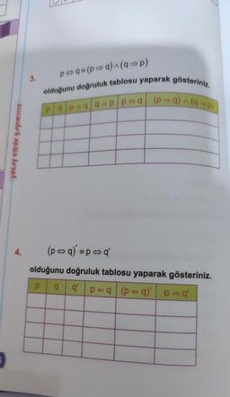 GÜRAY KÜÇÜK YAYINCILIK+
4.
3.
pq=(p⇒q)^(q=p)
olduğunu doğruluk tablosu yaparak gösteriniz.
(p⇒q)^(-p)
P q/p-qq-pp q
(p⇒q) = p⇒q'
olduğunu doğruluk tablosu yaparak gösteriniz.
p
q q' p⇒q (p⇒q)'
q) p q'