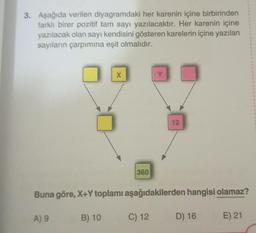 3. Aşağıda verilen diyagramdaki her karenin içine birbirinden
farklı birer pozitif tam sayı yazılacaktır. Her karenin içine
yazılacak olan sayı kendisini gösteren karelerin içine yazılan
sayıların çarpımına eşit olmalıdır.
A) 9
X
B) 10
360
Buna göre, X+Y toplamı aşağıdakilerden hangisi olamaz?
Y
C) 12
12
D) 16
E) 21
t
1
1