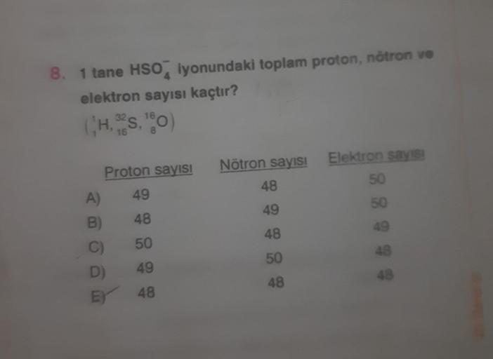 8. 1 tane HSO Iyonundaki toplam proton, nötron ve
4
elektron sayısı kaçtır?
32 16
(H, S, 100)
16
8
A)
B)
C)
D)
E
Proton sayısI
49
48
50
49
48
Nötron sayısı Elektron sayısı
48
50
50
49
48
50
48
49
48
48