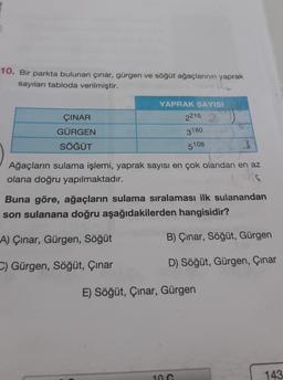 10. Bir parkta bulunan çınar, gürgen ve söğüt ağaçlarının yaprak
sayıları tabloda verilmiştir.
ÇINAR
GÜRGEN
SÖĞÜT
YAPRAK SAYISI
2216 2
3180
5108
3
Ağaçların sulama işlemi, yaprak sayısı en çok olandan en az
olana doğru yapılmaktadır.
Buna göre, ağaçların sulama sıralaması ilk sulanandan
son sulanana doğru aşağıdakilerden hangisidir?
A) Çınar, Gürgen, Söğüt
C) Gürgen, Söğüt, Çınar
B) Çınar, Söğüt, Gürgen
D) Söğüt, Gürgen, Çınar
E) Söğüt, Çınar, Gürgen
10 C
143