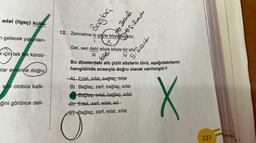 edat (ilgeç) kulla-
n gelecek yakınları-
için tek tek kürsü-
nlar evlerine doğru
son otobüs kalk-
ğini görünce deli-
big bor
for
12. Zannetme ki şöyle böyle bir söz
Gel, sen dahi söyle böyle bir söz
||| ble IV
Bu dizelerdeki altı çizili sözlerin türü, aşağıdakilerin
hangisinde sırasıyla doğru olarak verilmiştir?
X
O
-A) Edat, sifat, bağlaç, sıfat
B) Bağlaç, zarf, bağlaç, sıfat
G-Bağlaç, sifat, bağlaç, sıfat
D) Edat, zarf, edat, ad
offert
E Bağlaç, zarf, edat, sifat
237
