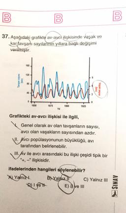 B
B
37. Aşağıdaki grafikte av-aycı ilişkisinde vaşak ve
kar tavşanı sayılarının yıllara bağlı değişimi
verilmiştir.
Tavşan sayısı
(bin)
160
120
80
40
0
1850
9
Jan
mund
1875
Yıl
Diyett
1900
Grafikteki av-avcı ilişkisi ile ilgili,
1925
3
0
Genel olarak av olan tavşanların sayısı,
avcı olan vaşakların sayısından azdır.
II. Avcı popülasyonunun büyüklüğü, avı
tarafından belirlenebilir.
III. Áv ile avcı arasındaki bu ilişki çeşidi tipik bir
"+, -" ilişkisidir.
ifadelerinden hangileri söylenebilir?
A) Yalnız
BYalnız II
E) I ve III
(bin)
Vasak sayısı
C) Yalnız III
B
AVNISE