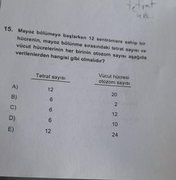 15. Mayoz bölümeye başlarken 12 sentromere sahip bir
hücrenin, mayoz bölünme sırasındaki tetrat sayısı ve
vücut hücrelerinin her birinin otozom sayısı aşağıda
verilenlerden hangisi gibi olmalıdır?
A)
B)
C)
D)
E)
Tetrat sayısı
26662
12
12
Vücut hücresi
otozom sayısı
NONNO
20
2
12
tetrat
un.
10
24