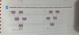 a.
-
2 Aşağıdaki toplama ve çıkarma işlemlerini sırasıyla yaparak harflere karşılık gelen sayıları bulunuz.
18
(-73)
-551-331
A
A = 88
nelmelqot nalibe ebis abrig
b.
sunulud
-203
108
B =
doit tenint
00
B
16053,160 indo resti
1-1081
3184