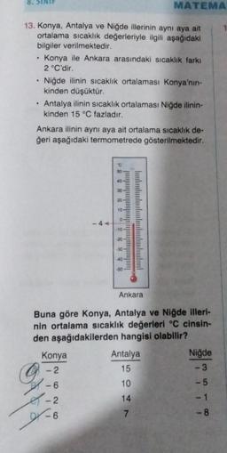 13. Konya, Antalya ve Niğde illerinin aynı aya ait
ortalama sıcaklık değerleriyle ilgili aşağıdaki
bilgiler verilmektedir.
.
.
.
Konya ile Ankara arasındaki sıcaklık farkı
2 °C'dir.
O
Niğde ilinin sıcaklık ortalaması Konya'nın-
kinden düşüktür.
Antalya ilinin sıcaklık ortalaması Niğde ilinin-
kinden 15 °C fazladır.
Ankara ilinin aynı aya ait ortalama sıcaklık de-
ğeri aşağıdaki termometrede gösterilmektedir.
Konya
-2
-6
-2
-6
-44
X-
'C
50
40
30
20
10
0-
-10-
-20
-30
Buna göre Konya, Antalya ve Niğde illeri-
nin ortalama sıcaklık değerleri °C cinsin-
den aşağıdakilerden hangisi olabilir?
MATEMA
-40-
-50
Ankara
Antalya
15
10
14
7
Niğde
-3
-5
-1
-8