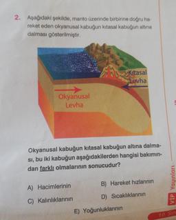 2. Aşağıdaki şekilde, manto üzerinde birbirine doğru ha-
reket eden okyanusal kabuğun kitasal kabuğun altına
dalması gösterilmiştir.
Okyanusal
Levha
Okyanusal kabuğun kitasal kabuğun altına dalma-
sı, bu iki kabuğun aşağıdakilerden hangisi bakımın-
dan farklı olmalarının sonucudur?
A) Hacimlerinin
C) Kalınlıklarının
Kitasal
Levha
B) Hareket hızlarının
D) Sıcaklıklarının
E) Yoğunluklarının
VİP Yayınları
10. Sın