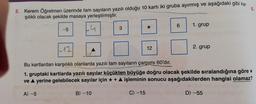 2. Kerem Öğretmen üzerinde tam sayıların yazılı olduğu 10 kartı iki gruba ayırmış ve aşağıdaki gibi kar.
şılıklı olacak şekilde masaya yerleştirmiştir.
5.
-5
A) -5
3
B) -10
12
6
1. grup
-12/
Bu kartlardan karşılıklı olanlarda yazılı tam sayıların çarpımı 60'dır.
1. gruptaki kartlarda yazılı sayılar küçükten büyüğe doğru olacak şekilde sıralandığına göre *
ve ▲ yerine gelebilecek sayılar için ★ + ▲ işleminin sonucu aşağıdakilerden hangisi olamaz?
C) -15
2. grup
D) -55