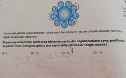 7.
2
A) 1
-9
B) -1
-2
-11
4₁
Yukarıdaki şekilde küçük dairelerin içinde yazılı tam sayıların her biri ortadaki dairede yazılı olan x
sayısı ile ayrı ayrı toplanıyor.
3
-5
Toplama işlemlerinden sonra elde edilen tam sayılardan negatif olanların sayısı pozitif olanla
sayısının 3 katı olduğuna göre x tam sayısı aşağıdakilerden hangisi olabilir?
C) -2
Top
D) -3
bas
Ö