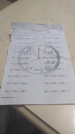 Isim :
No:
semin
1) (+31)-(+61) -7°
3) (-4)-(+44) = 198
5) (54)-(-6)=+118 6x2
1221
towOPENINY
7) (+21) -69)
9) (+96) (338
ca
11) (-92) (19)
13) (+84)-(+14)
matematikvakti.net
15) (+70) - (-10)
17) (+30) - (+83) =
19) (-73)-(-66) =
1
7
Apsa
Mew
18x-1
Puan:
Tarih:
2) (+46) - (+45)
4) (+9)-(-76)
6
201938) (+32)
(28)
8) (757)
49)x92)+(+97)
50 100
12)2(-99)-(87) =
-1
pre
14)5(6)(+42)
16) (-11)-(-24) =
18) (+76)-(+16)
20) (+24)-(-89) =