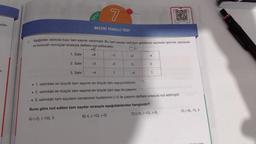 odel-
2. Satır
7
BECERİ TEMELLİ TEST
3. Satır
test
1. Aşağıdaki tabloda bazı tam sayılar verilmiştir. Bu tam sayılar belirtilen şekillerde seçilerek işlemler yapılacak
ve bulunan sonuçlar sırasıyla deftere not edilecektir.
(-2)
+8
1. Satır
+8
-3
-4
-1
-5
7
-2
0
-9
-2
ty
-4
2
100
D
1
. 1. satırdaki en büyük tam sayının en küçük tam sayıya bölümü
• 2. satırdaki en küçük tam sayının en büyük tam sayı ile çarpımınd
. 3. satırdaki tam sayıların tamamının toplamının (-1) ile çarpımı deftere sırasıyla not edilmiştir.
Buna göre not edilen tam sayılar sırasıyla aşağıdakilerden hangisidir?
A) (-2), (-10), 5
B) 4, (-10). (-5)
C) (-2), (-10). (-5)
D) (-8), 15, 5