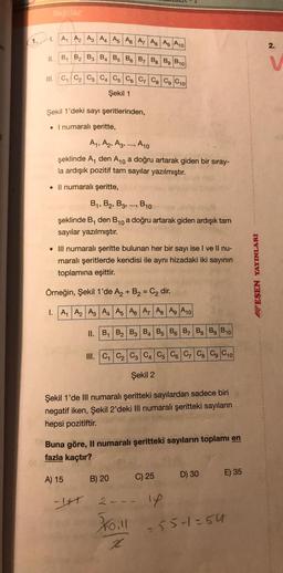 1.
Sayılar
A₁ A₂ A3 A4 A5 A6 A7 A8 Ag A10
II. B₁ B₂ B3 B4 B5 B6 B7 Ba Bg B10
4.
III. C₁ C₂
C3 C4
C5 C6 C7 C8 Cg C10
Şekil 1
Şekil 1'deki sayı şeritlerinden,
. I numaralı şeritte,
A₁, A2, A3,..., A10
şeklinde A, den A10 a doğru artarak giden bir sıray-
la ardışık pozitif tam sayılar yazılmıştır.
. Il numaralı şeritte,
B₁, B₂, B3, ..., B10
şeklinde B₁ den B10 a doğru artarak giden ardışık tam
sayılar yazılmıştır.
• III numaralı şeritte bulunan her bir sayı ise I ve Il nu-
maralı şeritlerde kendisi ile aynı hizadaki iki sayının
toplamına eşittir.
Örneğin, Şekil 1'de A₂ + B₂ = C₂ dir.
1. A₁ A₂ A3 A4 A5 A6 A7 A8 Ag A10
A) 15
II. B₁ B₂ B3 B4 B5 B6 B7 B8 Bg B10
III. C₁ C₂ C3 C4 C5 C6 C7 C8 C9 C10
Şekil 2
Şekil 1'de III numaralı şeritteki sayılardan sadece biri
negatif iken, Şekil 2'deki III numaralı şeritteki sayıların
hepsi pozitiftir.
Buna göre, Il numaralı şeritteki sayıların toplami en
fazla kaçtır?
B) 20
C) 25
D) 30
2---14
Foill -55-1=54
2
E) 35
SESEN YAYINLARI
2.
V