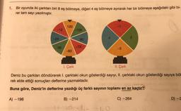 1. Bir oyunda iki çarktan biri 8 eş bölmeye, diğeri 4 eş bölmeye ayırarak her bir bölmeye aşağıdaki gibi bi-
rer tam sayı yazılmıştır.
-12
-24
36
120
-60
-108
90
-72
2
1. Çark
II. Çark
Deniz bu çarkları döndürerek I. çarktaki okun gösterdiği sayıyı, II. çarktaki okun gösterdiği sayıya böl
rek elde ettiği sonuçları defterine yazmaktadır.
Buna göre, Deniz'in defterine yazdığı üç farklı sayının toplamı en az kaçtır?
A) - 196
B) -214
C) -264
D) -2