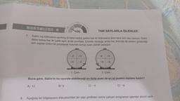 BECERİ TEMELLI TEST - 10
GÜÇ
TAM SAYILARLA İŞLEMLER
Salim, eş bölmelere ayrılmış iki tane özdeş çarkın her bir bölmesine birer tane tam sayı yazıyor. Salim
daha sonra her iki çarkı aynı anda çeviriyor. Çarklar durduğu anda her ikisinde de okların gösterdiği
tam sayılar birbiri ile çarpılarak bulunan sonuç puan olarak yazılıyor.
7.
A) 12
-2
B) 6
+6
+3
-4
1. Çark
2. Çark
Buna göre, Salim'in bu oyunda alabileceği en fazla puan ile en az puanın toplamı kaçtır?
D)-6
-8 +4
C) -4
+9 -3
8. Aşağıda bir bilgisayarın klavyesinden bir sayı girdikten sonra çalışan programın işlemler zinciri veril-