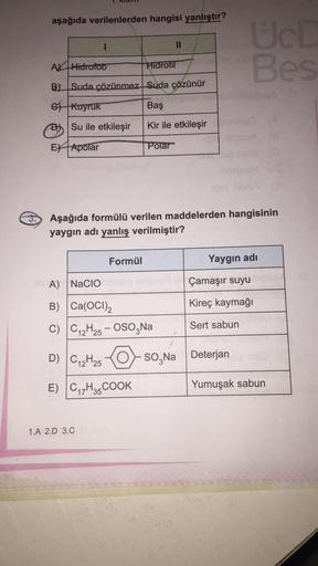 aşağıda verilenlerden hangisi yanlıştır?
A Hidrofob
Hidrofil
B) Suda çözünmez Suda çözünür
Kuyruk
Baş
Su ile etkileşir
Kir ile etkileşir
E) Apolar
Polar
Aşağıda formülü verilen maddelerden hangisinin
yaygın adı yanlış verilmiştir?
Formül
1.A 2.D 3.C
A) NAC