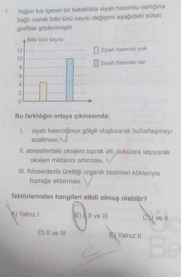 1.
Yoğun tuz içeren bir bataklıkta siyah hasirotu varlığına
bağlı olarak bitki türü sayısı değişimi aşağıdaki sütun
grafikte gösterilmiştir.
Bitki türü sayısı
12
10
208
6
4
2
0
Bu farklılığın ortaya çıkmasında;
1.
siyah hasirotunun gölge oluşturarak buharlaşmayı
siyah hasirotin
Siyah hasirotu yok
Siyah hasirotu var
II. atmosferdeki oksijeni toprak altı dokulara taşıyarak
oksijen miktarını artırması,
III. fotosentezle ürettiği organik besinleri kökleriyle
toprağa aktarması
faktörlerinden hangileri etkili olmuş olabilir?
A) Yalnız I
D) II ve III
B) II ve III
C
E) Yalnız II
CN ve Il
Be