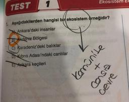 TEST
Ekosistem EF
1. Aşağıdakilerden hangisi bir ekosistem örneğidir?
A Ankara'daki insanlar
B) Akdeniz Bölgesi
C) Karadeniz'deki balıklar
DKibris Adası'ndaki canlılar
E) Ankara keçileri
Komünite
+
Consia
Gevre