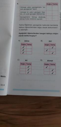 Melis
D) 8
6.
Güneşe yakın gezegenlere "so-
ğuk gezegenler" denir.
Güneşe en yakın gezegen Nep-
tün, en uzak gezegen Merkür'dür.
Gezegenlerin Güneş etrafında
dönüş hızları birbirinin aynıdır.
Fatma Öğretmen, gezegenler hakkında hazırladığı
tabloyu öğrencil