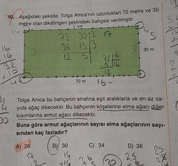 10. Aşağıdaki şekilde, Tolga Amca'nın uzunlukları 72 metre ve 30
metre olan dikdörtgen şeklindeki bahçesi verilmiştir.
Pa
+P
16
16
32
30
3
A) 26
72 3012 17
36 IS 3
12
S
17
?
72 m
Tolga Amca bu bahçenin etrafına eşit aralıklarla ve en az sa-
yıda ağaç dikecektir. Bu bahçenin köşelerine elma ağacı diğer
kısımlarına armut ağacı dikecektir.
7216
-6116
12
B) 30
16-
Buna göre armut ağaçlarının sayısı elma ağaçlarının sayı-
sından kaç fazladır?
5
330 m a
C) 34
D) 36
3,
2,5
25
28
1