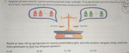 2. Aşağıdaki görselde baskülün üzerine konulmuş eşit kollu terazi verilmiştir. 10 kg ağırlığındaki eşit kollu terazinin sol kefe-
sine 6 kg'lık, sağ kefesine 8 kg'lık ağırlıklar konularak terazi denge konumuna getirilecektir.
6 kg 6 kg
...
6 kg
Sol Kefe
8 kg 8 kg
C) 106
Sağ Kefe
...
Baskül en fazla 140 kg ağırlığındaki bir nesneyi tartabildiğine göre, eşit kollu terazinin dengede olduğu anda bas-
külün göstergesi en fazla kaç kilogramı gösterir?
A) 58
B) 82
8 kg
D) 130