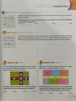 Soru Tipl
35 m²
50 m²
42 m²
Çözüm Tekniği
35 m² 7m 42 m²
5m
6 m
50 m² 10m 60 m²
21
Yanda her bir bölümü dikdörtgen şeklinde olan dikdörtgen biçimindeki bir arsanın bölümlerinin
alanları verilmiştir.
Bu dikdörtgenlerin her birinin kenar uzunlukları birer doğal sayı ise verilmeyen bölgenin
alanı en az kaç metrekaredir?
A) 45
C) 54
10) teal amitallod Çarpanlar Katlar
Tipatıp Soru 02
Dikdörtgen şeklindeki bir arsanın bazı bölümlerine yürüyüş
yolu yapılacaktır. Dikdörtgen şeklindeki bu yolların alanları
aşağıda metrekare cinsinden verilmiştir.
24
Alanı verilen dikdörtgenlerin kenar uzunlukları bulunur. Ortak kenarlara ortak çarpanlardan soru
bizden ne istiyorsa o şartlara uygun sayılar yazılır. 35 ve 42'nin ortak böleni 7, 35 ve 50'nin ortak
böleni 5'tir. Diğer kenarlar buna bağlı olarak yazılırsa istenilen sonuç 6 x 10 = 60 m² bulunur.
12
20
B) 48
15
Bu yolların kenar uzunlukları birer doğal sayı olduğu-
na göre arsanın çevre uzunluğu en az kaç metredir?
A) 80
B) 70
C) 60*
D) 50
Tipatıp Soru 03
Aşağıda her bir bölümü dikdörtgen şeklinde olan bir alanın
bölgenin bazı bölümlerinin alanları verilmiştir.
56 m²
60 m²
25 m²
B) 47
D) 60
32 m²
35 m²
Bu dikdörtgenlerin her birinin kenar uzunlukları metre
cinsinden birer doğal sayı olduğuna göre verilmeyen
bölümlerin alanları toplamı en az kaç metrekaredir?
A) 42
C) 52
D) 57
7